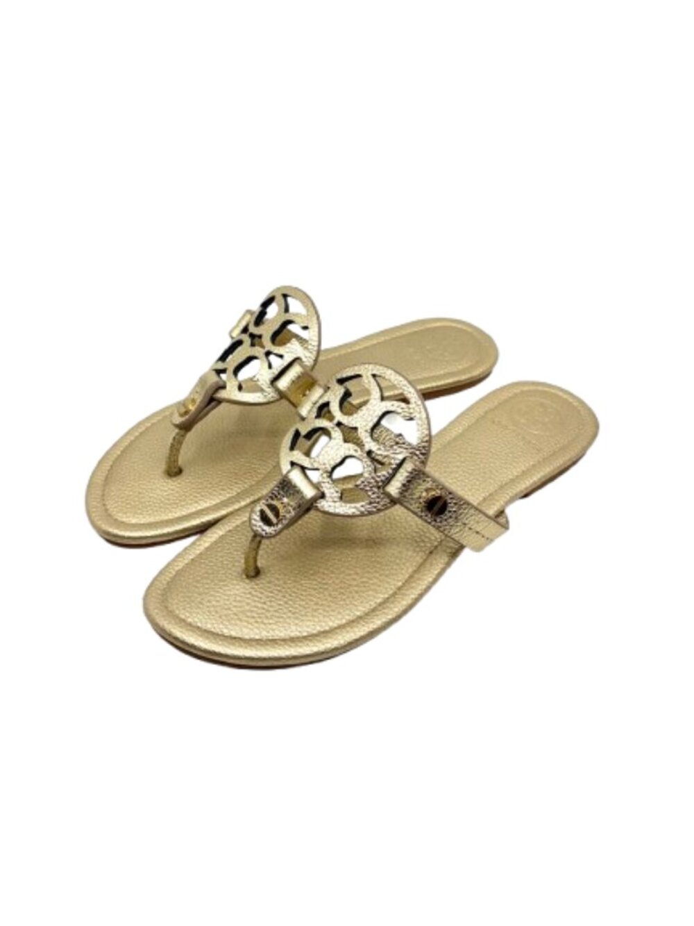 TORY BURCH~ Miller Sandals Spark Gold Pebbled Leather Flat Flip Flop Sz 8